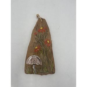 Hand painted driftwood signed mushroom floral kitschy decor MCM rustic